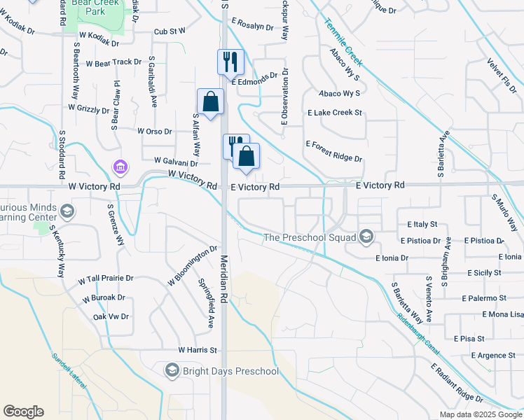 map of restaurants, bars, coffee shops, grocery stores, and more near 121 East Victory Road in Meridian