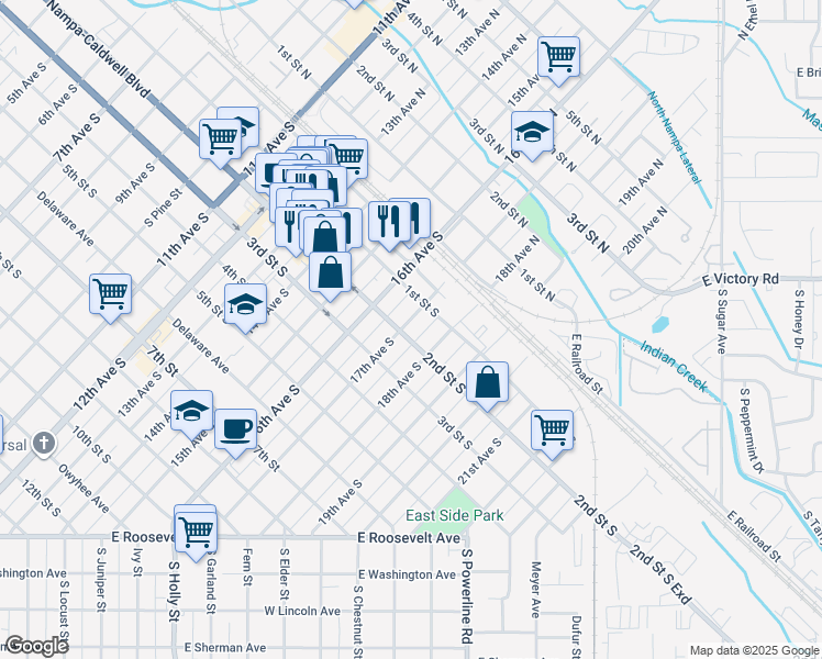map of restaurants, bars, coffee shops, grocery stores, and more near 1703 1st Street North in Nampa
