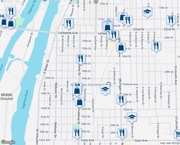 map of restaurants, bars, coffee shops, grocery stores, and more near 805 28th Street in Bay City