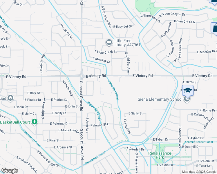 map of restaurants, bars, coffee shops, grocery stores, and more near 2015 East Victory Road in Meridian