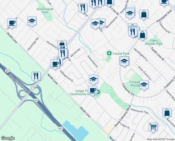 map of restaurants, bars, coffee shops, grocery stores, and more near 6706 Bansbridge Crescent in Mississauga