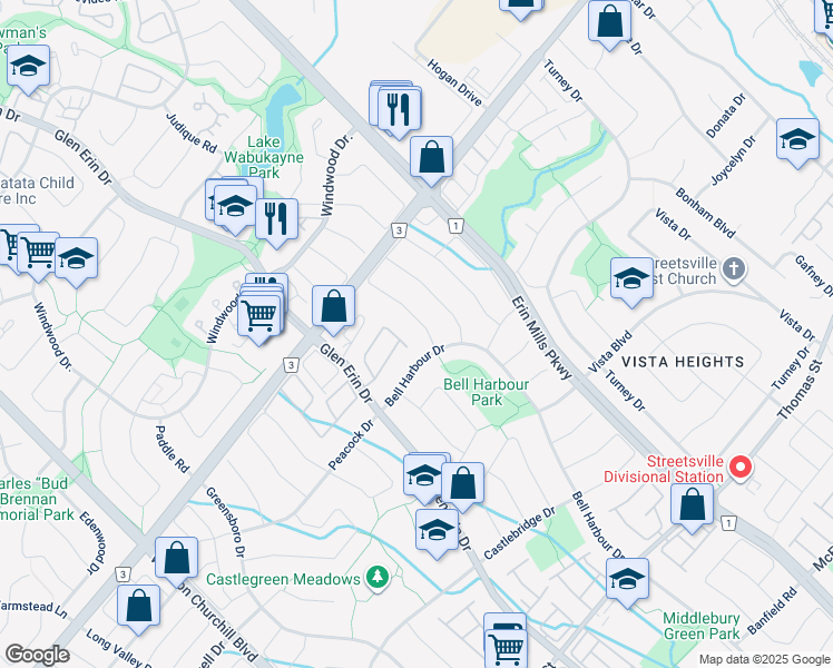 map of restaurants, bars, coffee shops, grocery stores, and more near 6105 Leeside Crescent in Mississauga