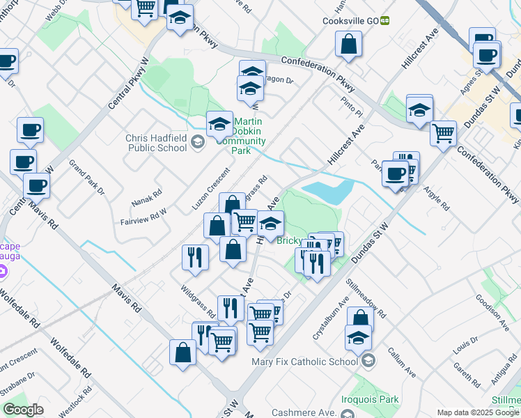 map of restaurants, bars, coffee shops, grocery stores, and more near 399 Stonetree Court in Mississauga