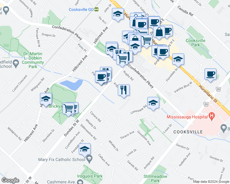 map of restaurants, bars, coffee shops, grocery stores, and more near in Mississauga