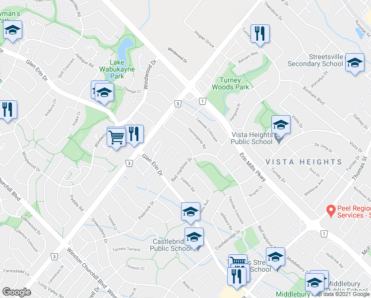map of restaurants, bars, coffee shops, grocery stores, and more near 6121 Leeside Crescent in Mississauga