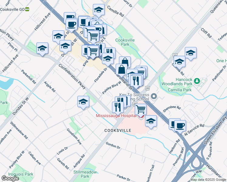 map of restaurants, bars, coffee shops, grocery stores, and more near 50 Paisley Boulevard West in Mississauga