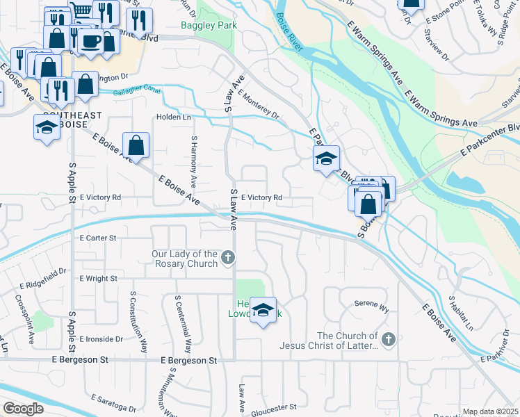 map of restaurants, bars, coffee shops, grocery stores, and more near 3032 South Cantrell Lane in Boise