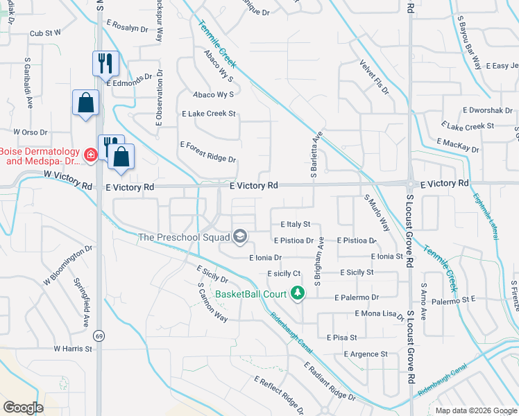map of restaurants, bars, coffee shops, grocery stores, and more near 840 East Whiskey Flats Street in Meridian