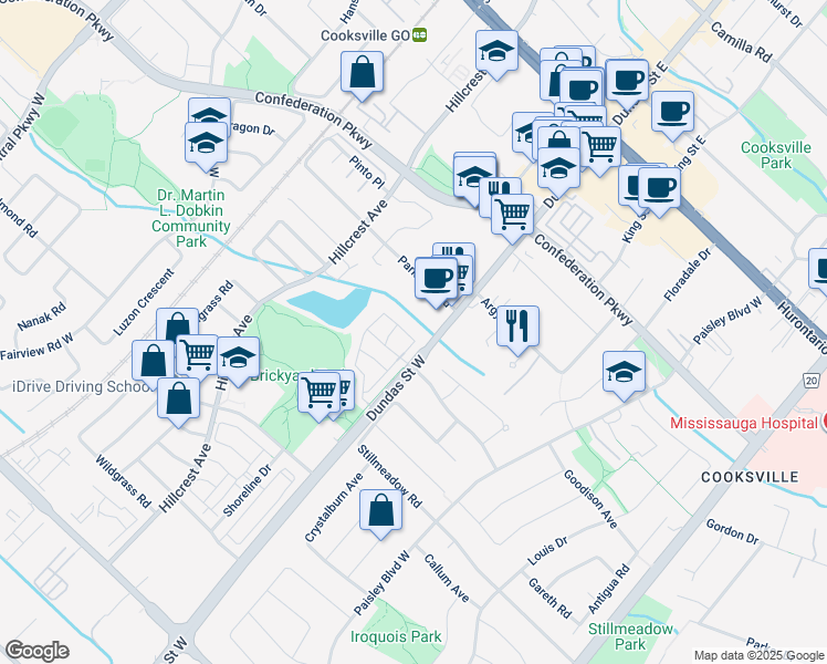 map of restaurants, bars, coffee shops, grocery stores, and more near 3045 Breakwater Court in Mississauga