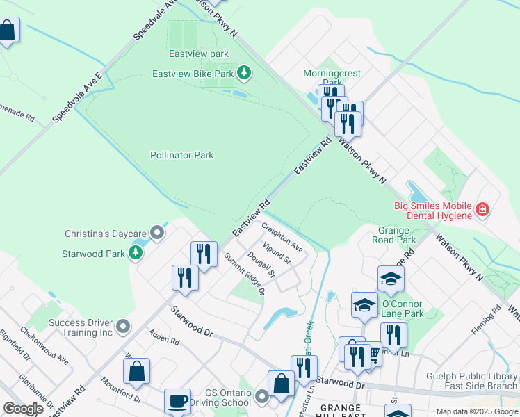 map of restaurants, bars, coffee shops, grocery stores, and more near Eastview Road in Guelph
