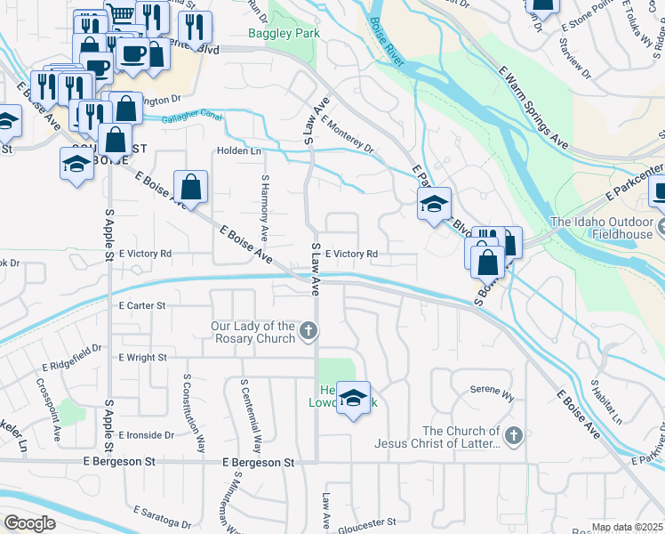 map of restaurants, bars, coffee shops, grocery stores, and more near 3061 South Betsy Ross Lane in Boise