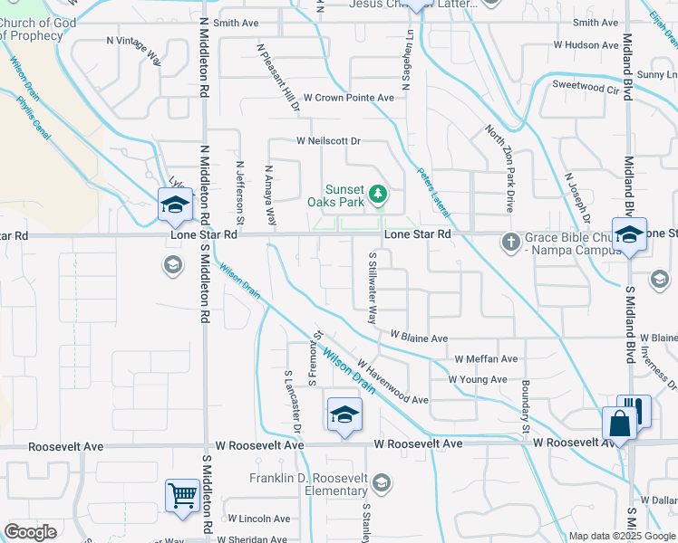 map of restaurants, bars, coffee shops, grocery stores, and more near 23 South Shumway Avenue in Nampa