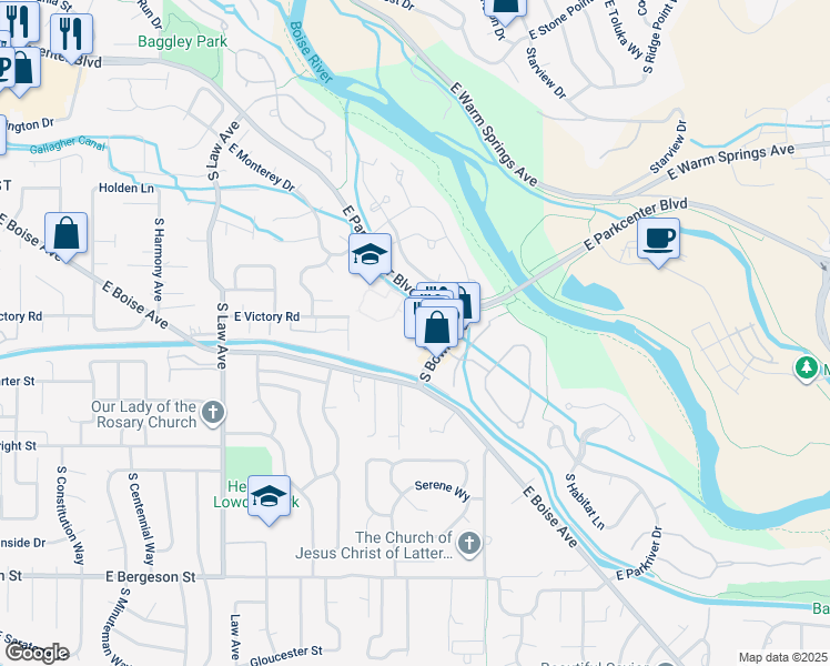 map of restaurants, bars, coffee shops, grocery stores, and more near 2153 East Riverwalk Drive in Boise