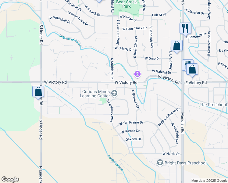 map of restaurants, bars, coffee shops, grocery stores, and more near 735 West Victory Road in Meridian