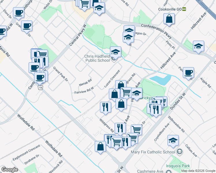 map of restaurants, bars, coffee shops, grocery stores, and more near 492 Luzon Crescent in Mississauga