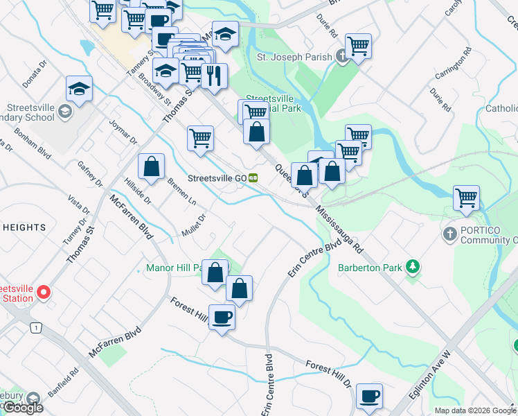 map of restaurants, bars, coffee shops, grocery stores, and more near 5397 Roanoke Court in Mississauga