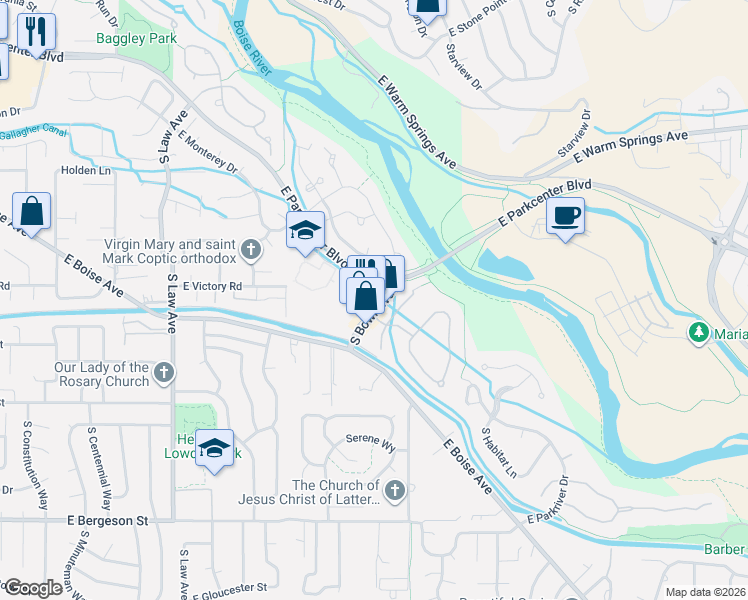 map of restaurants, bars, coffee shops, grocery stores, and more near 3073 South Bown Way in Boise