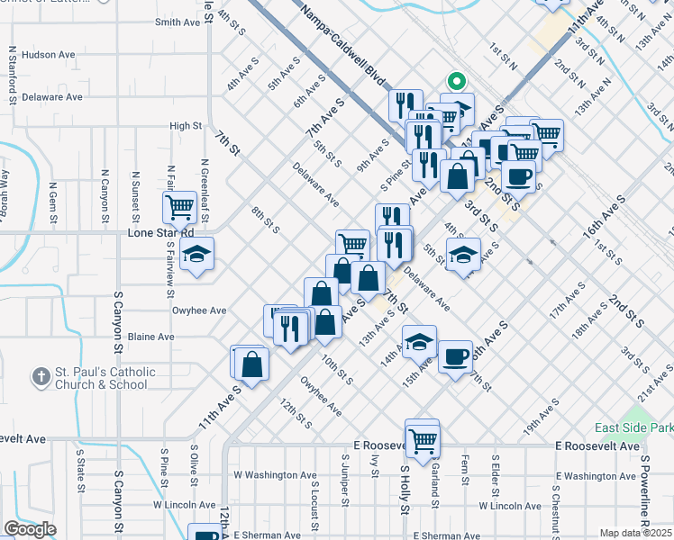 map of restaurants, bars, coffee shops, grocery stores, and more near 716 10th Avenue South in Nampa