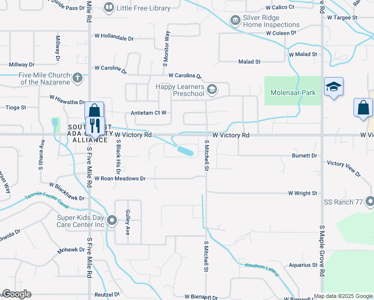 map of restaurants, bars, coffee shops, grocery stores, and more near 9933 West Victory Road in Boise