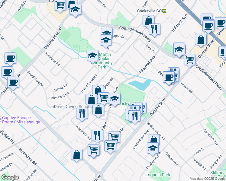 map of restaurants, bars, coffee shops, grocery stores, and more near 3160 Pearwood Place in Mississauga