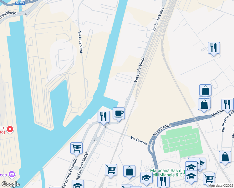 map of restaurants, bars, coffee shops, grocery stores, and more near 3 Via L. da Vinci in Livorno