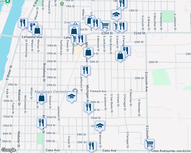 map of restaurants, bars, coffee shops, grocery stores, and more near 1518 South Monroe Street in Bay City