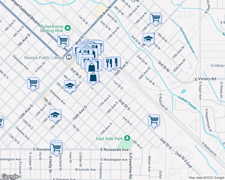 map of restaurants, bars, coffee shops, grocery stores, and more near 123 17th Avenue South in Nampa