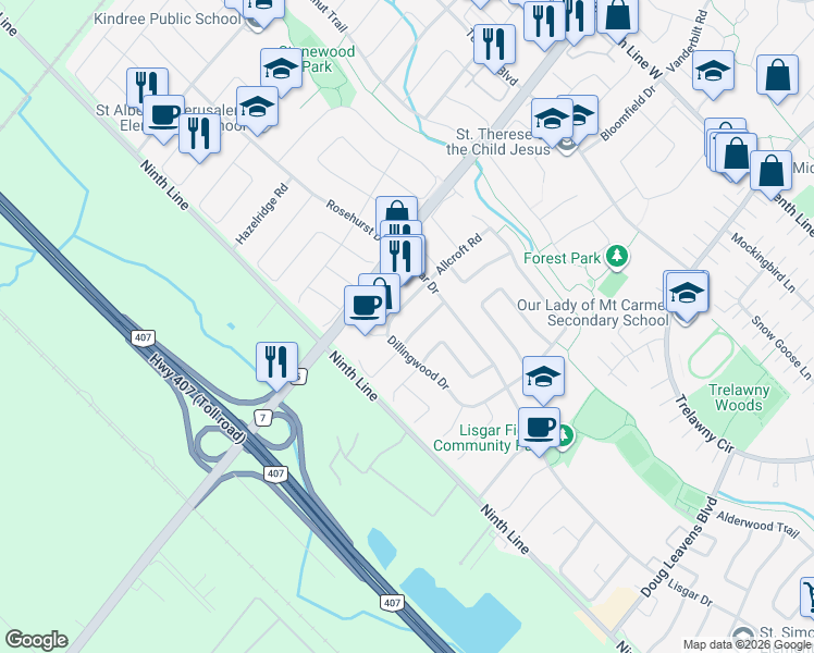 map of restaurants, bars, coffee shops, grocery stores, and more near 6907 Dillingwood Drive in Mississauga