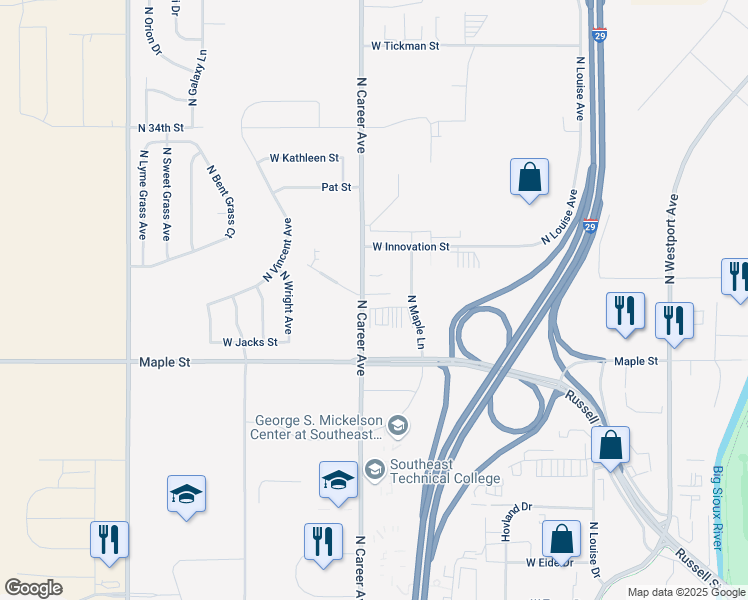 map of restaurants, bars, coffee shops, grocery stores, and more near 2608 North Career Avenue in Sioux Falls
