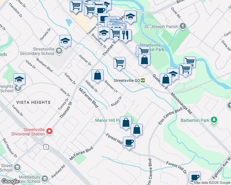 map of restaurants, bars, coffee shops, grocery stores, and more near 5 Hopedale Court in Mississauga