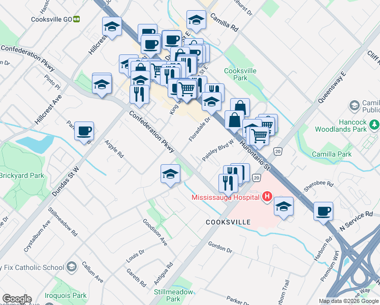map of restaurants, bars, coffee shops, grocery stores, and more near 124 Dunbar Road in Mississauga