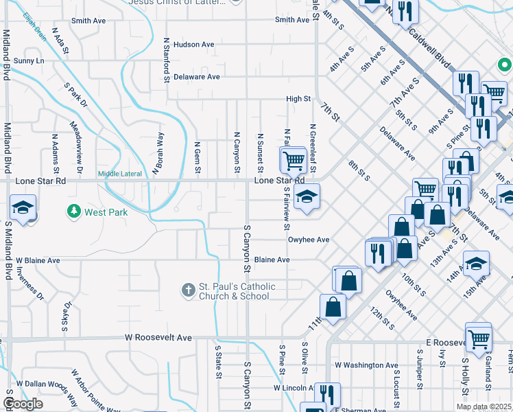 map of restaurants, bars, coffee shops, grocery stores, and more near 221 Elmore Avenue in Nampa