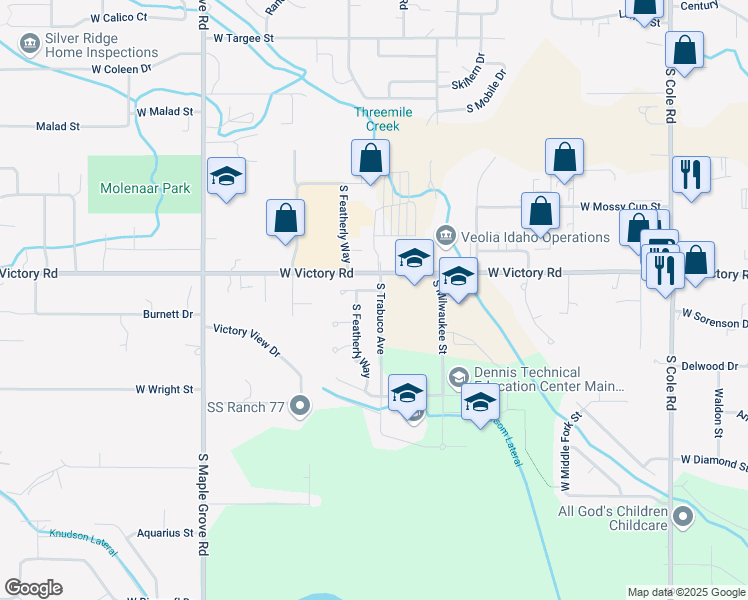 map of restaurants, bars, coffee shops, grocery stores, and more near 3086 South Featherly Way in Boise