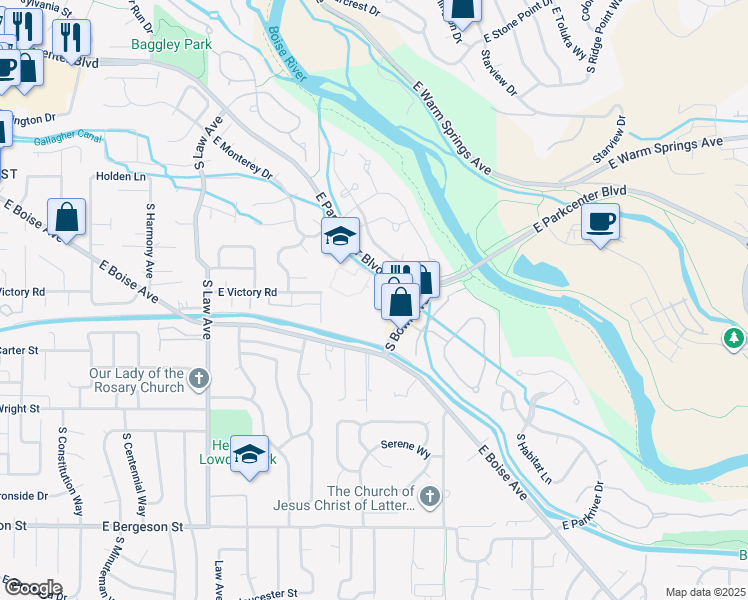map of restaurants, bars, coffee shops, grocery stores, and more near 2153 East Riverwalk Drive in Boise