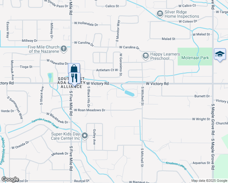 map of restaurants, bars, coffee shops, grocery stores, and more near 10151 West Victory Road in Boise