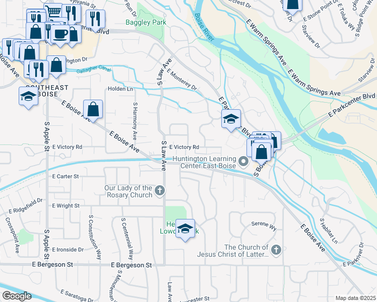 map of restaurants, bars, coffee shops, grocery stores, and more near 3032 South Cantrell Lane in Boise