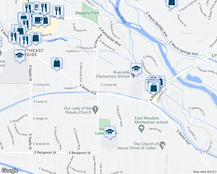 map of restaurants, bars, coffee shops, grocery stores, and more near 3033 South Cantrell Lane in Boise