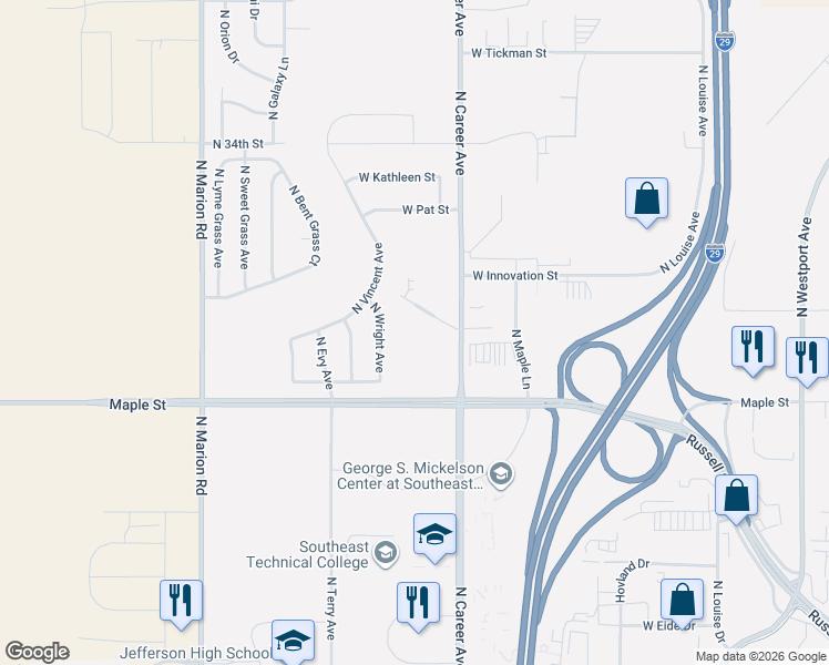 map of restaurants, bars, coffee shops, grocery stores, and more near 2604 North Wright Avenue in Sioux Falls
