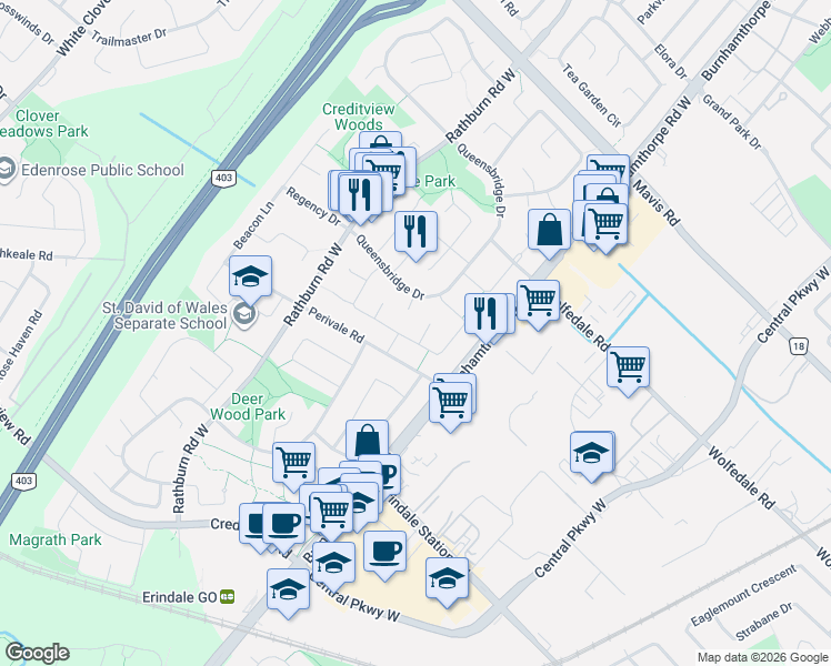 map of restaurants, bars, coffee shops, grocery stores, and more near 4059 Teakwood Drive in Mississauga