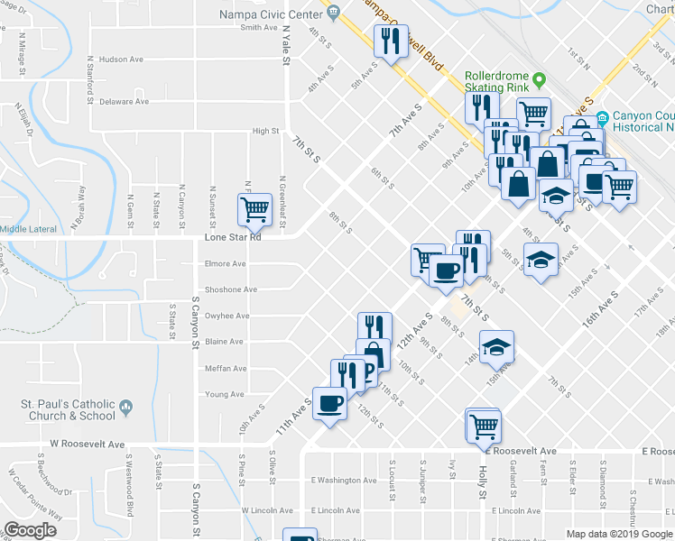 map of restaurants, bars, coffee shops, grocery stores, and more near 903 9th Avenue South in Nampa