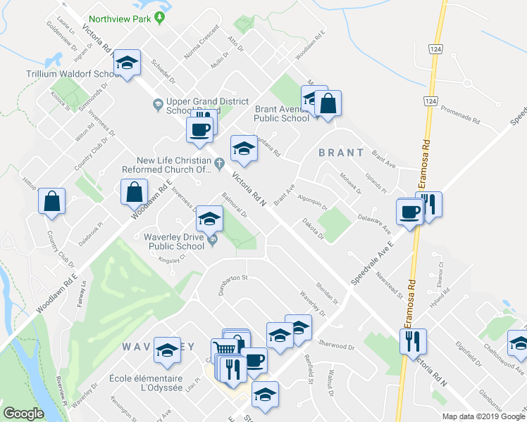 map of restaurants, bars, coffee shops, grocery stores, and more near 368 Victoria Road North in Guelph