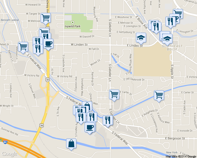 map of restaurants, bars, coffee shops, grocery stores, and more near 3008 Lakewood Way in Boise