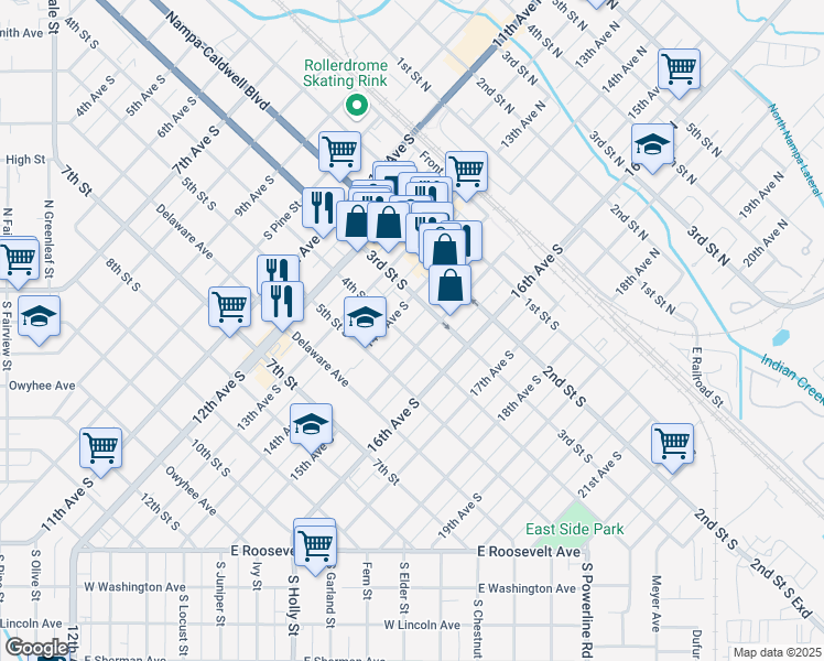 map of restaurants, bars, coffee shops, grocery stores, and more near 319 15th Avenue South in Nampa