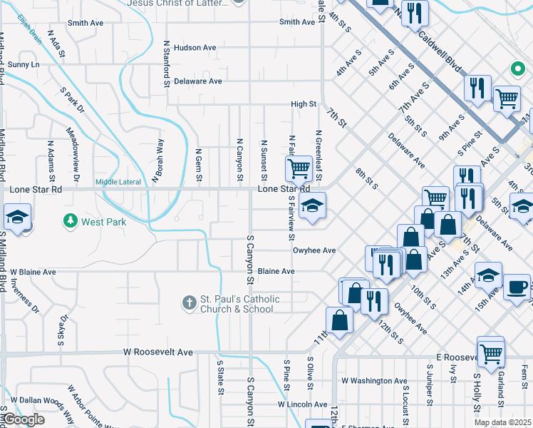 map of restaurants, bars, coffee shops, grocery stores, and more near 221 Elmore Avenue in Nampa
