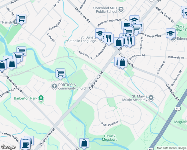 map of restaurants, bars, coffee shops, grocery stores, and more near 1603 Barbertown Road in Mississauga
