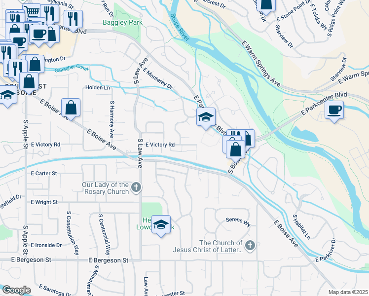 map of restaurants, bars, coffee shops, grocery stores, and more near 3029 South Windstream Lane in Boise