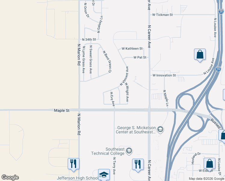 map of restaurants, bars, coffee shops, grocery stores, and more near 2608 North Vincent Avenue in Sioux Falls