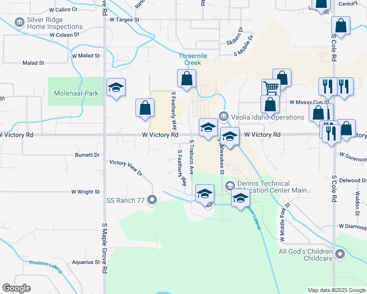 map of restaurants, bars, coffee shops, grocery stores, and more near 3086 South Featherly Way in Boise