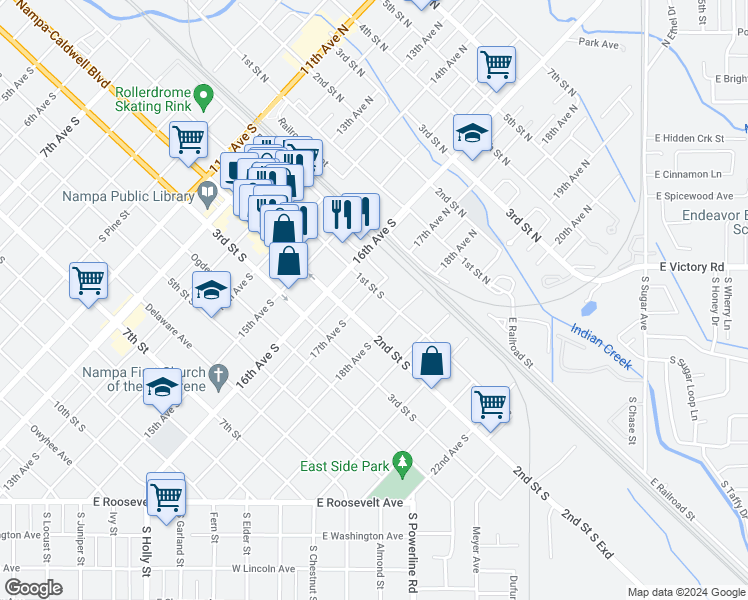 map of restaurants, bars, coffee shops, grocery stores, and more near 1703 1st Street North in Nampa