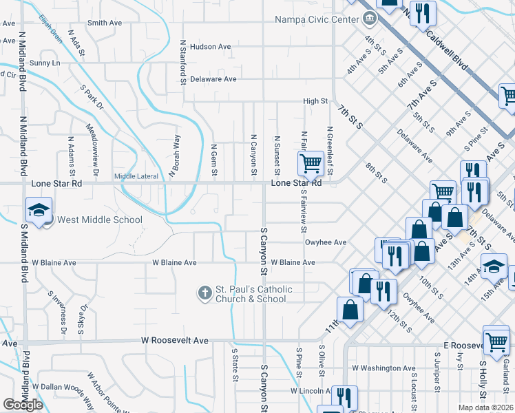 map of restaurants, bars, coffee shops, grocery stores, and more near 15 S Canyon St in Nampa